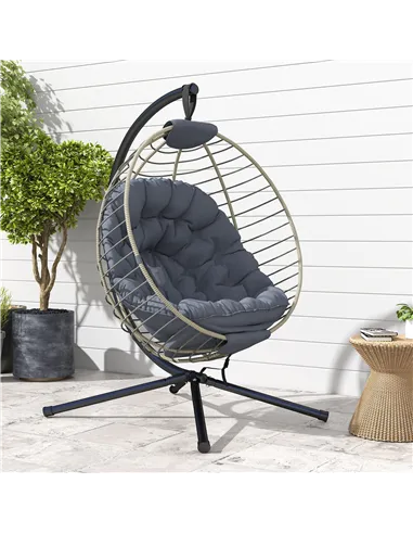Outsunny PE Rattan Swing Chair, Outdoor Hanging Chair with Metal Stand, Thick Padded Cushion, Foldable Basket and Cup Holder, fo