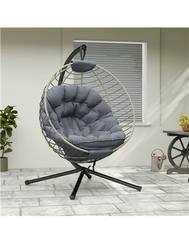 Outsunny PE Rattan Swing Chair, Outdoor Hanging Chair with Metal Stand, Thick Padded Cushion, Foldable Basket and Cup Holder, fo