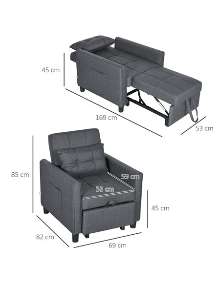 HOMCOM Linen-Look Single Chair Bed - Grey