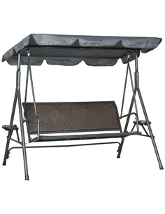 Outsunny 3 Seater Swing Chair, Garden Swing Seat Bench with Adjustable Canopy, Rattan Seat and Steel Frame for Patio, Yard, Dark