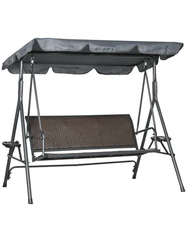 Outsunny 3 Seater Swing Chair, Garden Swing Seat Bench with Adjustable Canopy, Rattan Seat and Steel Frame for Patio, Yard, Dark