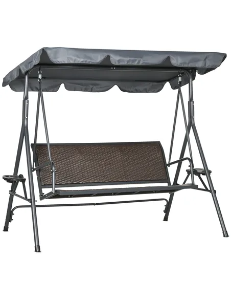 Outsunny 3 Seater Swing Chair, Garden Swing Seat Bench with Adjustable Canopy, Rattan Seat and Steel Frame for Patio, Yard, Dark