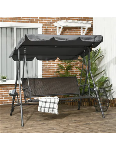 Outsunny 3 Seater Swing Chair, Garden Swing Seat Bench with Adjustable Canopy, Rattan Seat and Steel Frame for Patio, Yard, Dark