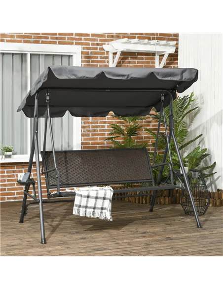 Outsunny 3 Seater Swing Chair, Garden Swing Seat Bench with Adjustable Canopy, Rattan Seat and Steel Frame for Patio, Yard, Dark