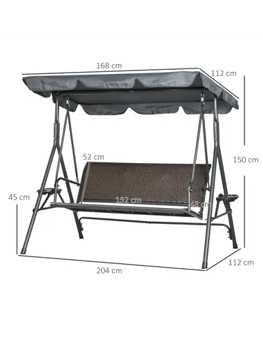 Outsunny 3 Seater Swing Chair, Garden Swing Seat Bench with Adjustable Canopy, Rattan Seat and Steel Frame for Patio, Yard, Dark