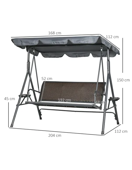 Outsunny 3 Seater Swing Chair, Garden Swing Seat Bench with Adjustable Canopy, Rattan Seat and Steel Frame for Patio, Yard, Dark