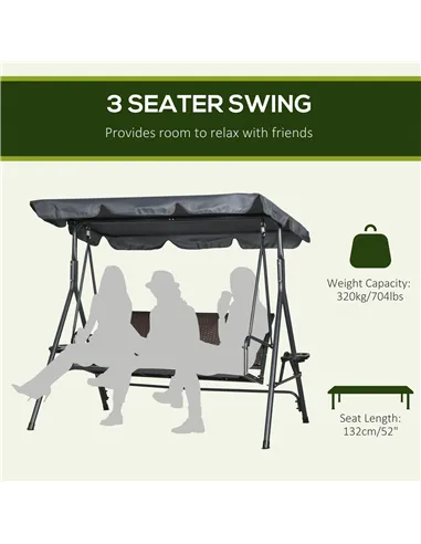 Outsunny 3 Seater Swing Chair, Garden Swing Seat Bench with Adjustable Canopy, Rattan Seat and Steel Frame for Patio, Yard, Dark
