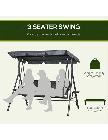 Outsunny 3 Seater Swing Chair, Garden Swing Seat Bench with Adjustable Canopy, Rattan Seat and Steel Frame for Patio, Yard, Dark