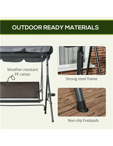Outsunny 3 Seater Swing Chair, Garden Swing Seat Bench with Adjustable Canopy, Rattan Seat and Steel Frame for Patio, Yard, Dark