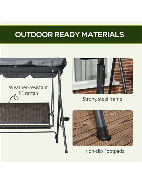 Outsunny 3 Seater Swing Chair, Garden Swing Seat Bench with Adjustable Canopy, Rattan Seat and Steel Frame for Patio, Yard, Dark
