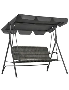 Outsunny 3-Seater Outdoor PE Rattan Swing Chair, Patio Wicker Hanging Swing Bench with Steel Frame Stand & Adjustable Canopy, Gr