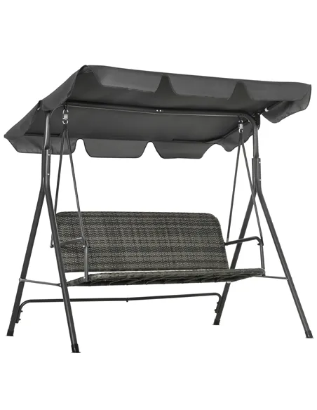 Outsunny 3-Seater Outdoor PE Rattan Swing Chair, Patio Wicker Hanging Swing Bench with Steel Frame Stand & Adjustable Canopy, Gr