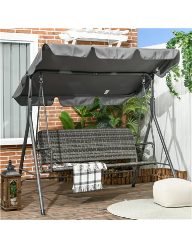 Outsunny 3-Seater Outdoor PE Rattan Swing Chair, Patio Wicker Hanging Swing Bench with Steel Frame Stand & Adjustable Canopy, Gr