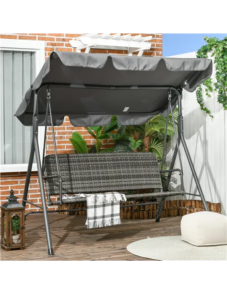 Outsunny 3-Seater Outdoor PE Rattan Swing Chair, Patio Wicker Hanging Swing Bench with Steel Frame Stand & Adjustable Canopy, Gr