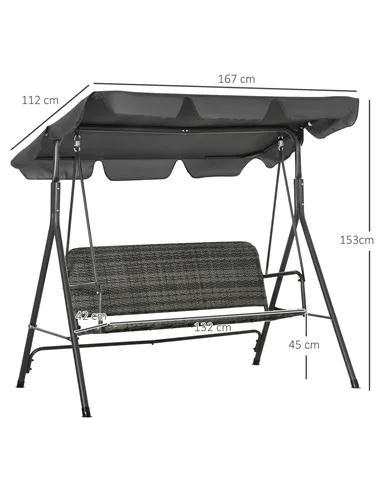 Outsunny 3-Seater Outdoor PE Rattan Swing Chair, Patio Wicker Hanging Swing Bench with Steel Frame Stand & Adjustable Canopy, Gr