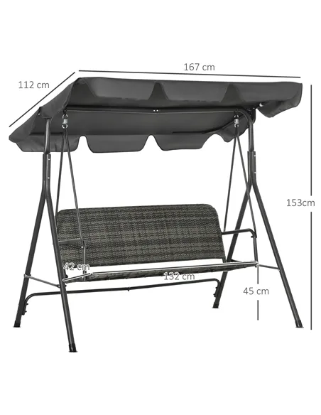 Outsunny 3-Seater Outdoor PE Rattan Swing Chair, Patio Wicker Hanging Swing Bench with Steel Frame Stand & Adjustable Canopy, Gr