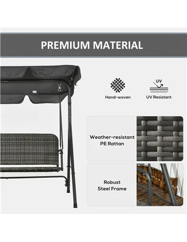 Outsunny 3-Seater Outdoor PE Rattan Swing Chair, Patio Wicker Hanging Swing Bench with Steel Frame Stand & Adjustable Canopy, Gr