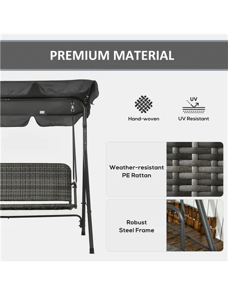 Outsunny 3-Seater Outdoor PE Rattan Swing Chair, Patio Wicker Hanging Swing Bench with Steel Frame Stand & Adjustable Canopy, Gr