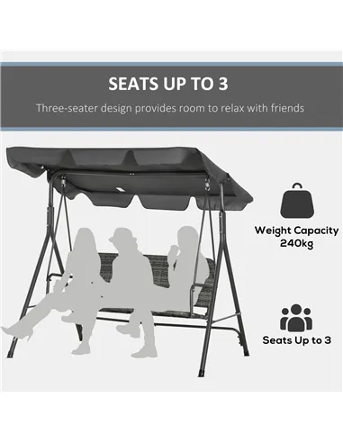 Outsunny 3-Seater Outdoor PE Rattan Swing Chair, Patio Wicker Hanging Swing Bench with Steel Frame Stand & Adjustable Canopy, Gr