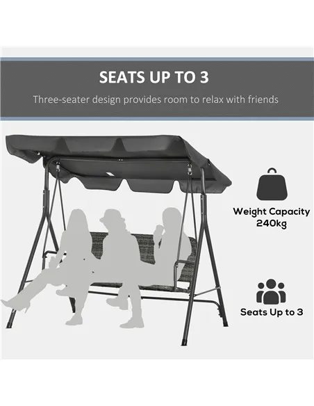 Outsunny 3-Seater Outdoor PE Rattan Swing Chair, Patio Wicker Hanging Swing Bench with Steel Frame Stand & Adjustable Canopy, Gr