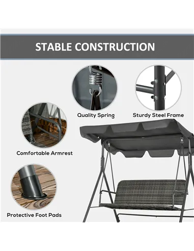 Outsunny 3-Seater Outdoor PE Rattan Swing Chair, Patio Wicker Hanging Swing Bench with Steel Frame Stand & Adjustable Canopy, Gr