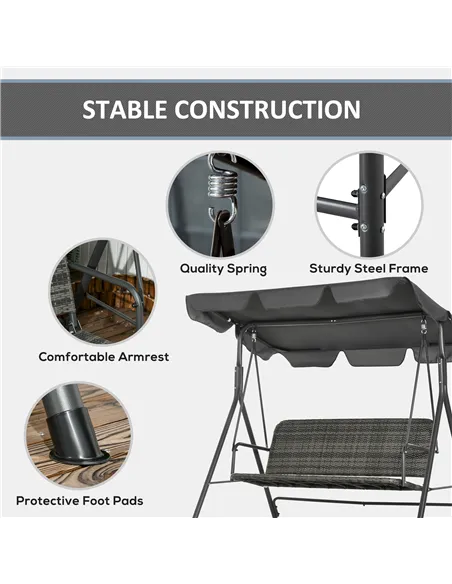 Outsunny 3-Seater Outdoor PE Rattan Swing Chair, Patio Wicker Hanging Swing Bench with Steel Frame Stand & Adjustable Canopy, Gr