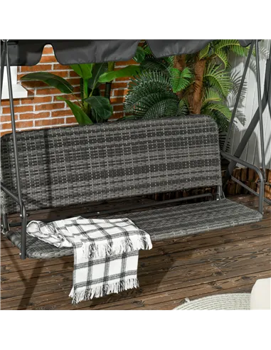 Outsunny 3-Seater Outdoor PE Rattan Swing Chair, Patio Wicker Hanging Swing Bench with Steel Frame Stand & Adjustable Canopy, Gr