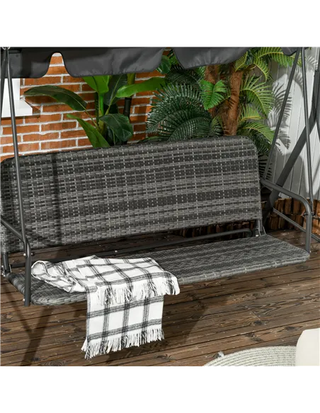 Outsunny 3-Seater Outdoor PE Rattan Swing Chair, Patio Wicker Hanging Swing Bench with Steel Frame Stand & Adjustable Canopy, Gr