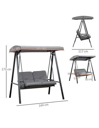 Outsunny 2 Seater Garden Swing Chair with Adjustable Tilting Canopy, Outdoor Hammock Bench with Steel Frame for Patio, Grey
