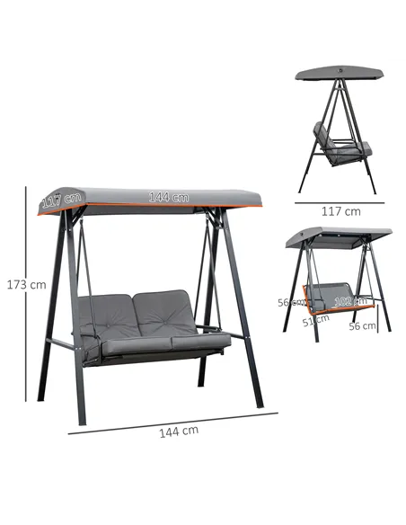 Outsunny 2 Seater Garden Swing Chair with Adjustable Tilting Canopy, Outdoor Hammock Bench with Steel Frame for Patio, Grey