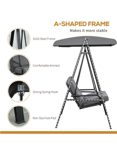 Outsunny 2 Seater Garden Swing Chair with Adjustable Tilting Canopy, Outdoor Hammock Bench with Steel Frame for Patio, Grey