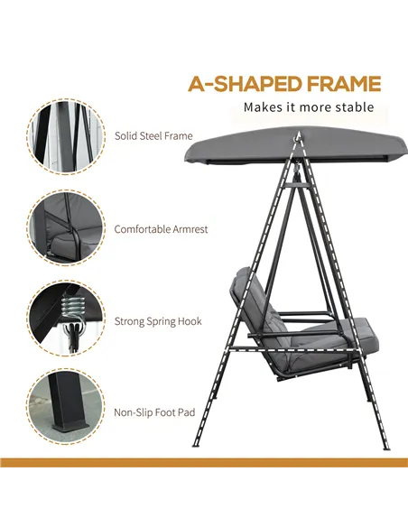Outsunny 2 Seater Garden Swing Chair with Adjustable Tilting Canopy, Outdoor Hammock Bench with Steel Frame for Patio, Grey