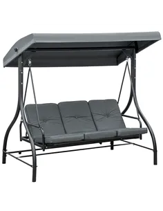 Outsunny 3 Seater Canopy Swing Chair, 2 in 1 Garden Swing Seat Bed, with Adjustable Canopy and Metal Frame, Dark Grey