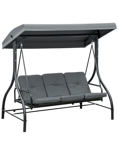 Outsunny 3 Seater Canopy Swing Chair, 2 in 1 Garden Swing Seat Bed, with Adjustable Canopy and Metal Frame, Dark Grey