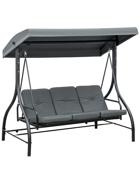 Outsunny 3 Seater Canopy Swing Chair, 2 in 1 Garden Swing Seat Bed, with Adjustable Canopy and Metal Frame, Dark Grey