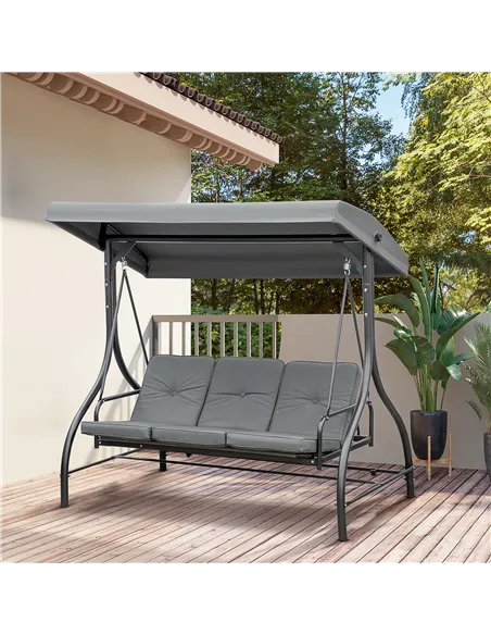 Outsunny 3 Seater Canopy Swing Chair, 2 in 1 Garden Swing Seat Bed, with Adjustable Canopy and Metal Frame, Dark Grey