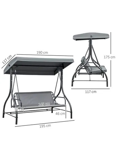 Outsunny 3 Seater Canopy Swing Chair, 2 in 1 Garden Swing Seat Bed, with Adjustable Canopy and Metal Frame, Dark Grey