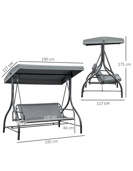 Outsunny 3 Seater Canopy Swing Chair, 2 in 1 Garden Swing Seat Bed, with Adjustable Canopy and Metal Frame, Dark Grey