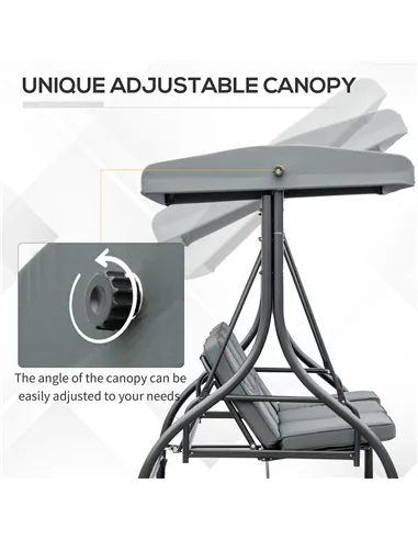 Outsunny 3 Seater Canopy Swing Chair, 2 in 1 Garden Swing Seat Bed, with Adjustable Canopy and Metal Frame, Dark Grey