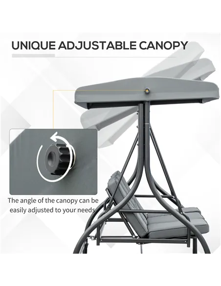 Outsunny 3 Seater Canopy Swing Chair, 2 in 1 Garden Swing Seat Bed, with Adjustable Canopy and Metal Frame, Dark Grey