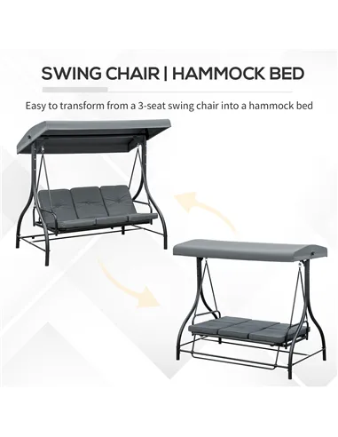 Outsunny 3 Seater Canopy Swing Chair, 2 in 1 Garden Swing Seat Bed, with Adjustable Canopy and Metal Frame, Dark Grey
