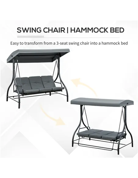 Outsunny 3 Seater Canopy Swing Chair, 2 in 1 Garden Swing Seat Bed, with Adjustable Canopy and Metal Frame, Dark Grey