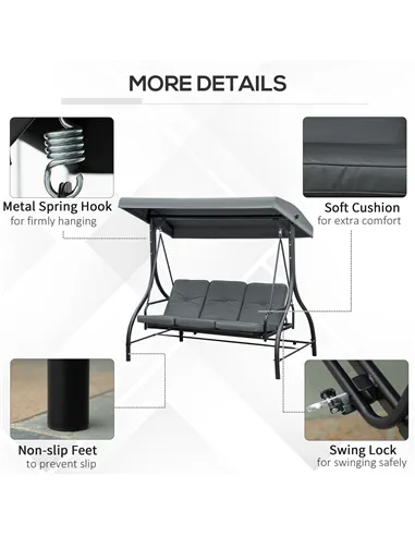 Outsunny 3 Seater Canopy Swing Chair, 2 in 1 Garden Swing Seat Bed, with Adjustable Canopy and Metal Frame, Dark Grey