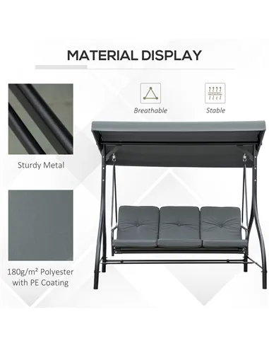 Outsunny 3 Seater Canopy Swing Chair, 2 in 1 Garden Swing Seat Bed, with Adjustable Canopy and Metal Frame, Dark Grey