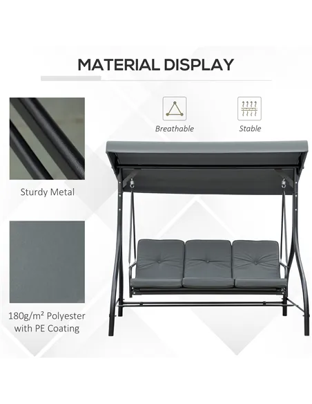Outsunny 3 Seater Canopy Swing Chair, 2 in 1 Garden Swing Seat Bed, with Adjustable Canopy and Metal Frame, Dark Grey