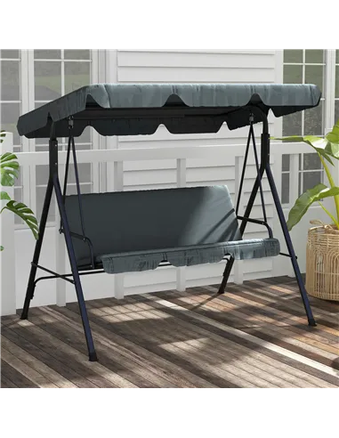 Outsunny 3 Seater Garden Swing Chair, Outdoor Swing Chair with Adjustable Canopy, Mental Frame & Cushions, Grey