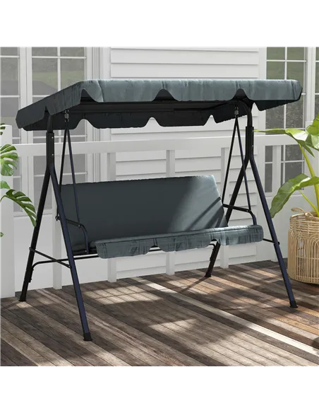 Outsunny 3 Seater Garden Swing Chair, Outdoor Swing Chair with Adjustable Canopy, Mental Frame & Cushions, Grey