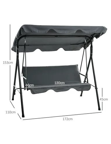 Outsunny 3 Seater Garden Swing Chair, Outdoor Swing Chair with Adjustable Canopy, Mental Frame & Cushions, Grey