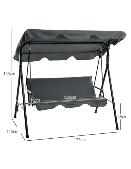 Outsunny 3 Seater Garden Swing Chair, Outdoor Swing Chair with Adjustable Canopy, Mental Frame & Cushions, Grey