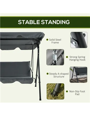 Outsunny 3 Seater Garden Swing Chair, Outdoor Swing Chair with Adjustable Canopy, Mental Frame & Cushions, Grey